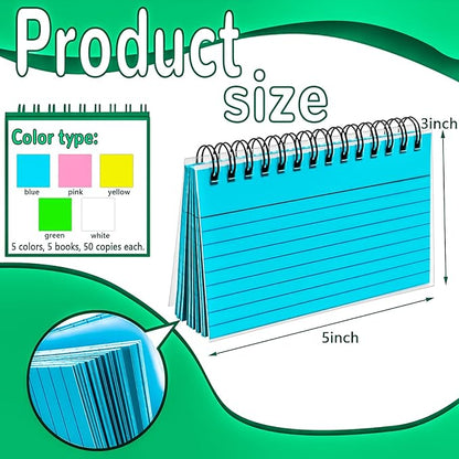 MotBach 250 Sheets Spiral Ruled Index Cards, 5 x 3 Inch, Multicolored Spiral Bound Lined Index Cards Learning Note Cards Flash Cards with PP Cover for Memory Learning Home School Office To Do List