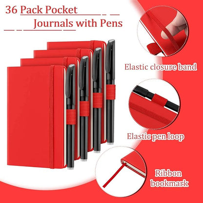 Laumoi 36 Sets Pocket Notebook Journals with Pens A6 Cute Small Journal Notebook Ruled Lined Mini Notepad Hardcover Executive Notebooks Set with Pen Holder for School Office, 3.7 x 5.7 Inch (Red)