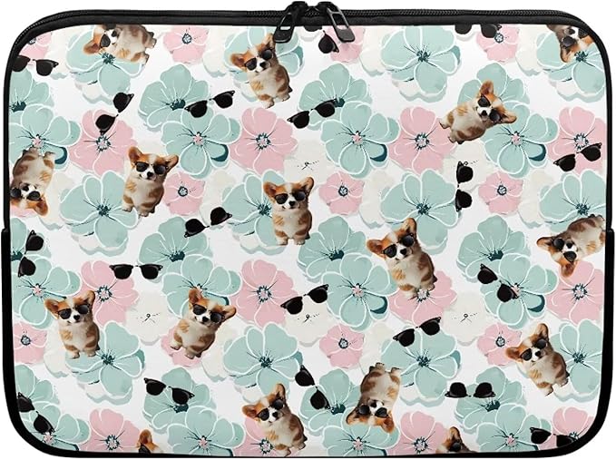 Corgi Dog Printed Computer Bags for Laptops for Women Men, Shockproof 13 Inch Laptop Case Bag Floral Print Messenger Bag with Zipper, Laptop Case Computer Carrying Cover Easy to Carry