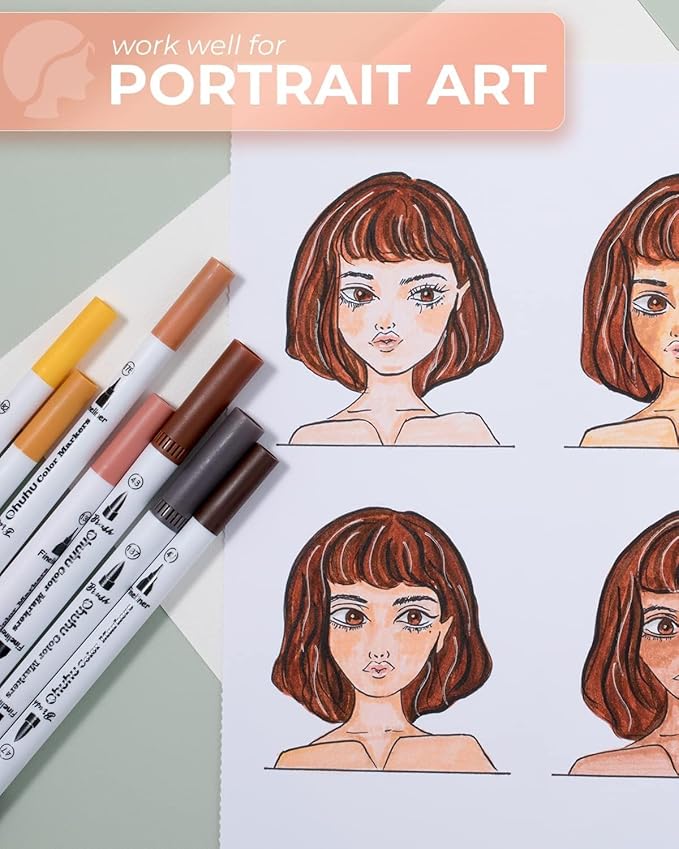 Ohuhu Skin Tone Markers 36 Colors: Dual Tip Brush and Fineliner Markers for Adult Coloring Water Based Art Skintone Marker Pens Set for Portrait Drawing Lettering Writing Calligraphy Journaling - Maui