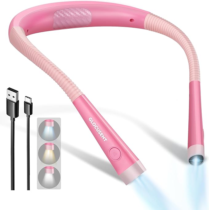 Glocusent Book Light, 3-Color & 6-Brightness Reading Light, Bendable Neck Light, 80-hr Lasting Rechargeable Lamp, Perfect Book Light for Reading in Bed, Knitting, Camping, Repairing, Book Lovers Gifts