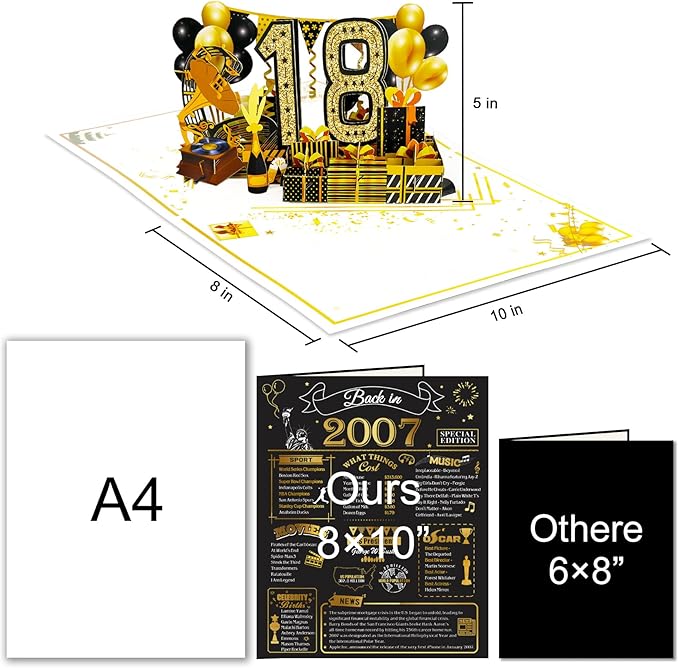 18th Birthday Card for Men Women, 3D Pop Up 18th Birthday Gifts Cards for Him Her, Back In 2007 Funny 18 Year Old Birthday Decorations, Black Gold