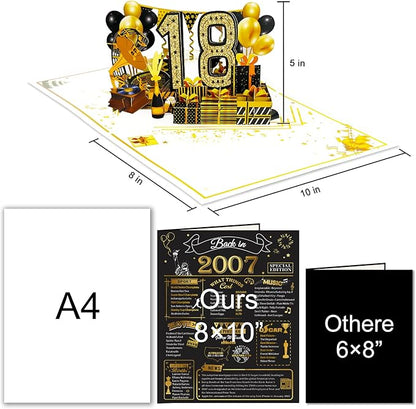 18th Birthday Card for Men Women, 3D Pop Up 18th Birthday Gifts Cards for Him Her, Back In 2007 Funny 18 Year Old Birthday Decorations, Black Gold