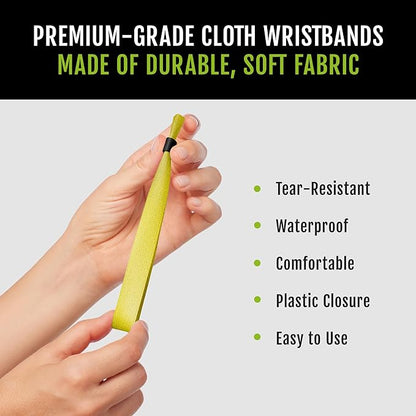 100 WristCo Yellow Cloth Event Wristbands – Plastic Closure to Prevent Transfer or Reuse – Premium-Grade Fabric Bracelets for Party Entry, Summer Camp, VIP Identification, Drink Ticket ID