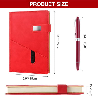 A5 Lined Leather Journal with Pen, 240 Pages Refillable Hardcover Notebook with Pocket and Magnetic Buckle, 80gsm Thick Daily Diary for Men and Women, Great Gift for Business School Travel Personal - Red