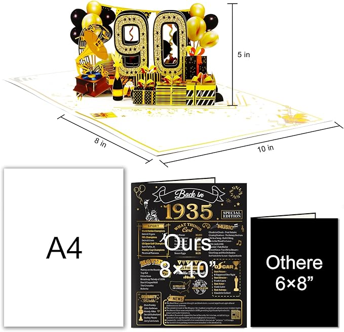 90th Birthday Card for Men Women, Funny 3D Pop Up 90th Birthday Gifts for Grandma Mom Dad, Back In 1935 Happy 90 Year Old Birthday Decorations Cards for Her Him