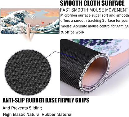 Japanese Large Mouse Pad,Desk Mat Large Office Desk Pad, Extended Large Mouse Mat for PC, Stitched Edges Gamer Mousepad 35.4 X 15.7 Inch Long Mice Pad, Sunset Sea