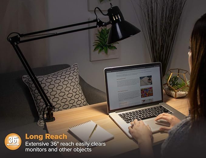 Bostitch Office VLF100 LED Swing Arm Desk Lamp with Clamp Mount, 36" Reach, Includes LED Bulb,Black