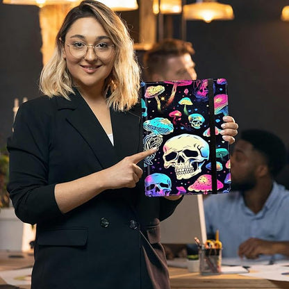 Padfolio Folder with Clipboard,Portfolios Organizer Clipboards with Storage Clipboard Writing Pad PU Leather Conference Document Organizer with Business Card Holder,Mushroom Skull