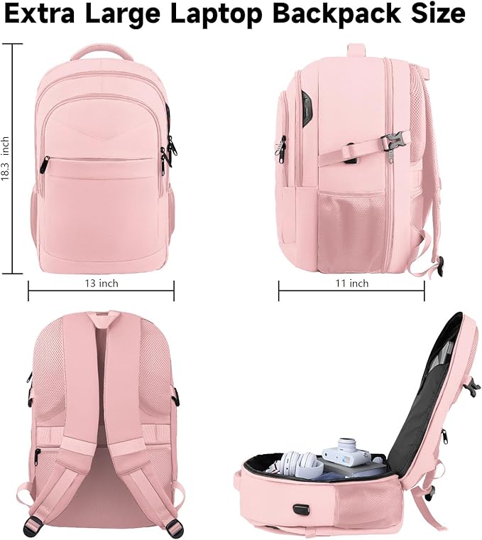 Lapsouno Extra Large Backpack, Carry on Backpack for Women, TSA 17.3 Inch Travel Laptop Backpack with USB Port,College School Business Backpack for Women, Light Pink