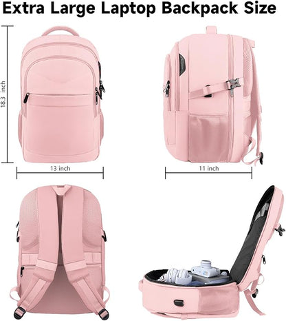 Lapsouno Extra Large Backpack, Carry on Backpack for Women, TSA 17.3 Inch Travel Laptop Backpack with USB Port,College School Business Backpack for Women, Light Pink