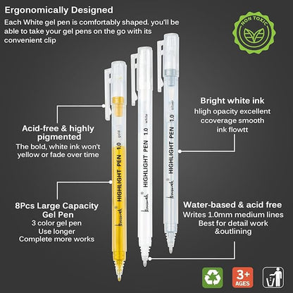 White Gold and Silver Gel Pen Set, 1mm Extra Fine Point Pens Gel Ink Pens Opaque Archival Ink Pens for Black Paper Drawing, Sketching,Card Making, Illustration, Bullet Journaling, 8 Pack