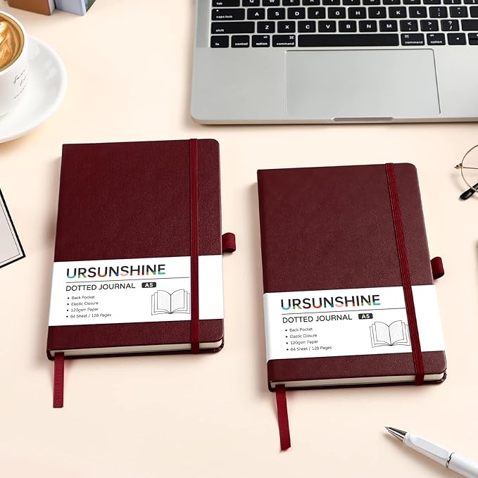 Dotted Journal/Notebook - Dot Grid Hard Cover Notebook, Premium Thick Paper with Fine Inner Pocket, Black Smooth Faux Leather, Pen Loop, 5.3'' x 8.26'' - Burgundy