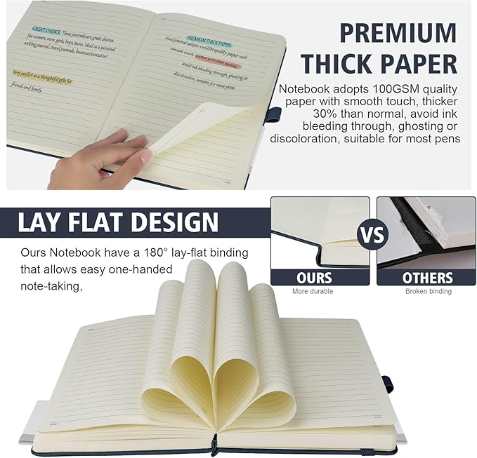 Lined Journal Notebook, 360 Numbered Pages(With page number), Thick Journal for Writing B5 College Ruled Notebook, 100gsm Lined Paper, Leather Hardcover, 9.8'' X 6.9''-Denim Blue