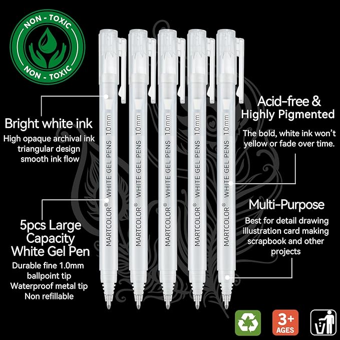 White Gel Pens, 5 Pack, 1 mm Extra Fine Point Gel Ink Pen, Opaque Archival Ink Pens for Black Paper Drawing, Art Highlight, Sketching, Illustration, Card Making