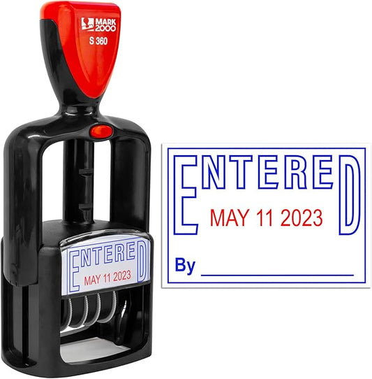 Self-Inking Rubber Date Office Stamp with Entered Phrase - Blue Ink & Date Red Ink - 12-Year Band