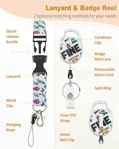 Uniclife Fashionable Sliding Badge Holder Graffiti Plastic Case with Retractable Badge Reel Carabiner Clip & Detachable Lanyard Strap Embossed Vertical Card Protector for Women Nurse Teacher Student