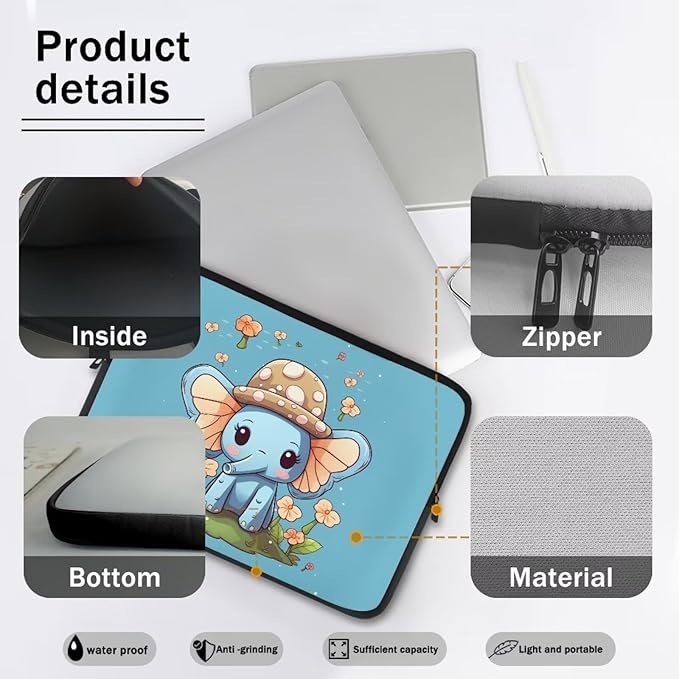 Cute Elephant Laptop Protective Sleeve for Women Girls 15 inch Computer Sleeve Bag Flower Zippered Pouches Lap Top Case Suitable for Daily Use Travel School Office Organizers Bag