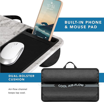 LAPGEAR Home Office Pro Lap Desk with Wrist Rest, Mouse Pad, and Phone Holder - White Marble - Fits up to 15.6 Inch Laptops - Style No. 91591