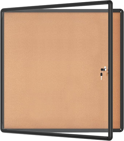 38"x38" Enclosed Bulletin Board, Lockable Weather-Resistant Aluminum Cork Noticeboard for School & Office, Black Frame w/Cork