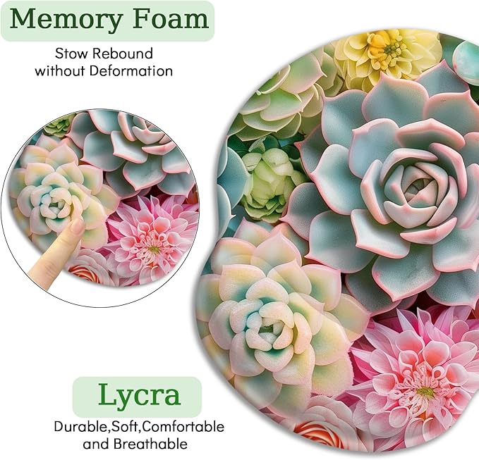 Succulents Ergonomic Mouse Pad with Wrist Rest, Gaming Mouse Pad with Wrist Support, Funny Computer Mousepad with Non-Slip Pain Relief PU Base, Cute Office Desk Accessories Decor Supplies