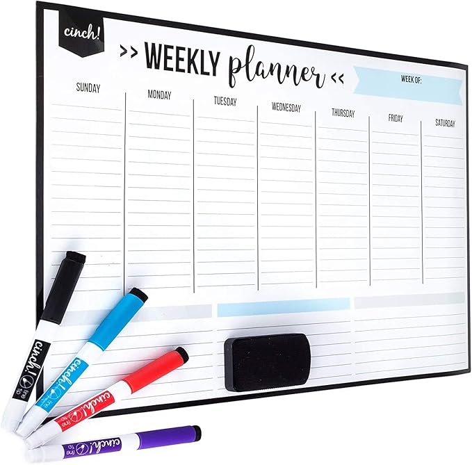 Cinch! 17x12-Inch Magnetic Weekly Planner for Fridge - Weekly Calendar and Meal Planner - Stain Resistant Dry Erase Whiteboard with 4 Fine Tip Markers and Eraser for Easy Scheduling