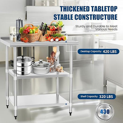 Stainless Steel Table 24 x 30 Inches Metal Work Table with 2 Adjustable Undershelves & Backsplash for Commercial Kitchen, Outdoor, Restaurant, Hotel & Garage