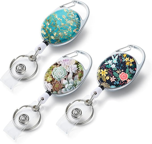 3 Pack Badge Reels Retractable，Double Sided Color Print Pattern Retractable Badge Holders，with Retractable Keychain, Badge Clip and Key Ring，Durable Nylon Retractable Rope