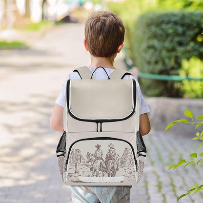 Western Desert Cowboy Backpack with Reflective Strip for Kids Boys Girls Elementary School Bag Removable Chest Strap