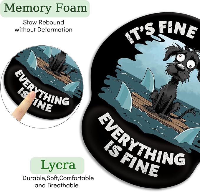 Funny Dog Ergonomic Mouse Pad with Wrist Rest, Gaming Mouse Pad Wrist Support with Non-Slip Pain Relief PU Base, It's Fine Mouse Pads for Desk Work, Cute Home Office Desk Accessories Decor