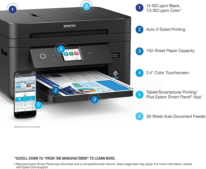 Epson Workforce WF-2960 Wireless All-in-One Printer with Scan, Copy, Fax, Auto Document Feeder, Automatic 2-Sided Printing, 2.4" Touchscreen Display, 150-Sheet Paper Tray and Ethernet,Black