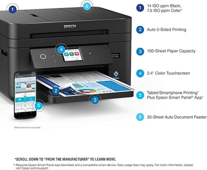 Epson Workforce WF-2960 Wireless All-in-One Printer with Scan, Copy, Fax, Auto Document Feeder, Automatic 2-Sided Printing, 2.4" Touchscreen Display, 150-Sheet Paper Tray and Ethernet,Black