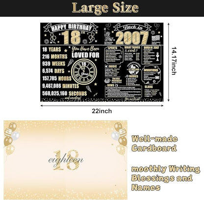 Large 18th Birthday Card With Envelope for Boys Girls, 2007 Black Gold Happy 18th Birthday Giant Guest Signature Book Gifts, Big Vintage 2007 18th Greeting Card Decoration Party Supplies