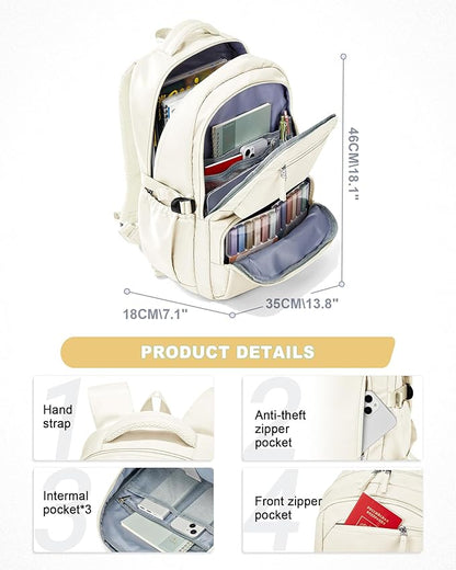 Lightweight School Backpack, College Bookbag for Boys Girls, 15.6 Inch Laptop Work Bag, Gym Backpack for Men Women, Large Capacity Waterproof Backpack for Campus School, Business, Beige