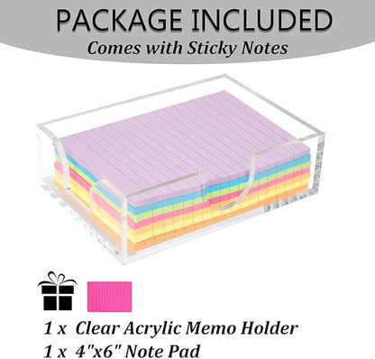 4x6 Acrylic Memo Holder with Sticky Notes for Desk, Clear Sticky Note Dispenser with Adhesive Notepad, 4x6 Acrylic Notepad Holder Desk Organizer for Office Home School (DP027)