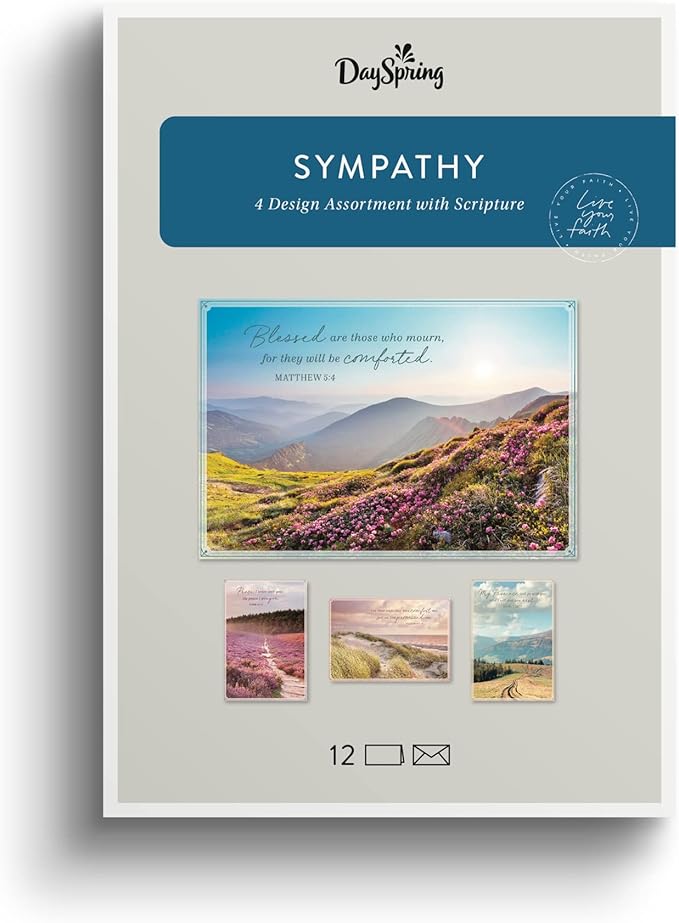 DaySpring - Sympathy - Blessed are Those Who Mourn - 4 Nature Landscape Design Assortment with Scripture - 12 Sympathy Boxed Cards & Envelopes (U0060)