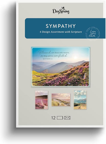 DaySpring - Sympathy - Blessed are Those Who Mourn - 4 Nature Landscape Design Assortment with Scripture - 12 Sympathy Boxed Cards & Envelopes (U0060)