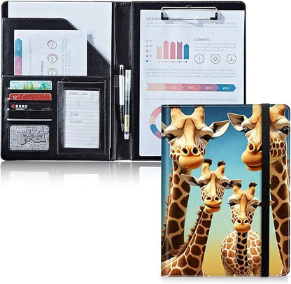 Padfolio Folder with Clipboard,Portfolios Organizer Clipboards with Storage Clipboard Writing Pad PU Leather Conference Document Organizer with Business Card Holder,Giraffe