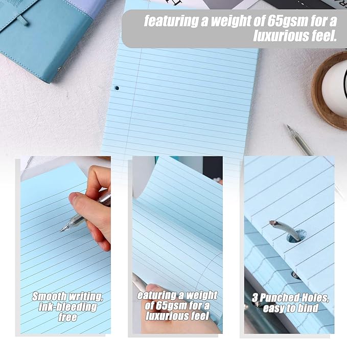 HIBOX 100 Sheets Lined Loose Leaf Paper, 8x10.5inch Blue Wide Ruled Refiller 3 Hole Punched Filler Paper for School Office