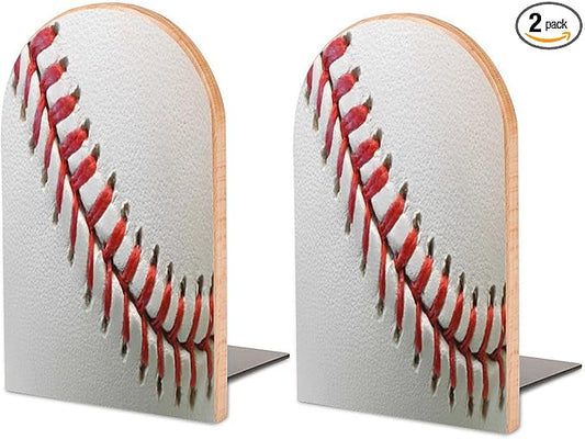 Sport Ball Baseball Lace Wooden Large Book Ends Bookends for Shelves, 2 Pack Non-Skid Bookends for Heave Books, Book Stoppers Holders for Kitchen Office Library, 6.7x4.7x3.9in