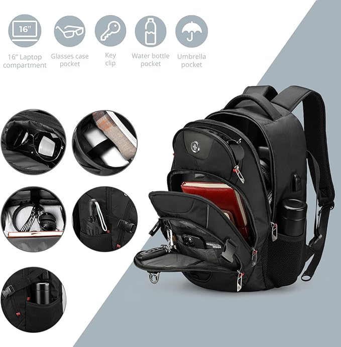 Swissdigital Design Large Business Laptop Backpack with Smart USB Charging Port Travel Backpack Fits 15.6 inches laptops (VECTOR SD803-01 Black)
