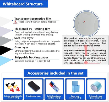 Magnetic White Board Film, 47" x 23" Dry Erase Board for Wall, Self Adhesive Whiteboard Paper Set for Office, Conference Room, Classroom, Home, Include Marker, Magnetic Eraser and Magnets