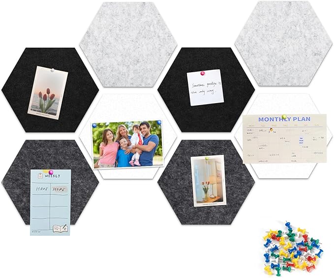 12" Large Bulletin Board with 30 Push Pins, Pack of 8 Hexagon Felt Pin Board Notice Boards for Home Office Kitchen, Felt Wall Tiles for Photos Memos