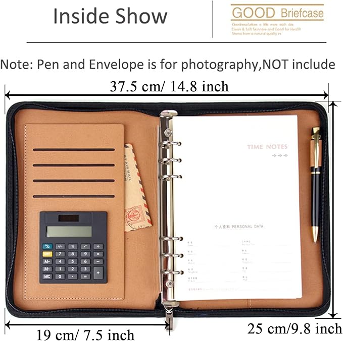 SAYEEC Leather Portfolio Notebook Binder with Calculator A5 6 Ring Refillable Budget Planner Binder Cover with Zipper Zippered Padfolio Organizer Business Journal Conference Folder Gifts for Men Women