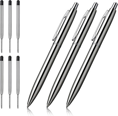 ChaoQ 3 Pcs Retractable Metal Ballpoint Pens, for Gift, Business, Office, 1.0mm Medium Point Black Ink, 6 Extras Replaceable Metal Refills - Stainess Steel