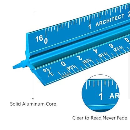 Architectural Scale Ruler, Imperial Measurements 12'', Laser-Etched Aluminum Architect Triangular Ruler for Architects, Students, Draftsman, and Engineers(Blue)