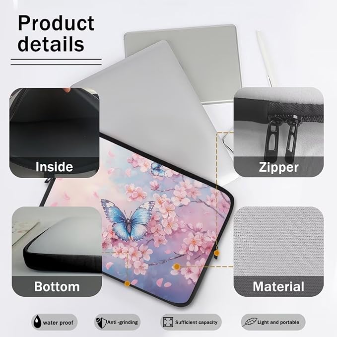 Butterfly Print Laptop Bag for Girls, 13 Inch Peach Blossom Laptop Sleeve Soft Laptop Case Bag for Girls, Waterproof Laptop Briefcase Computer Bag with Zipper