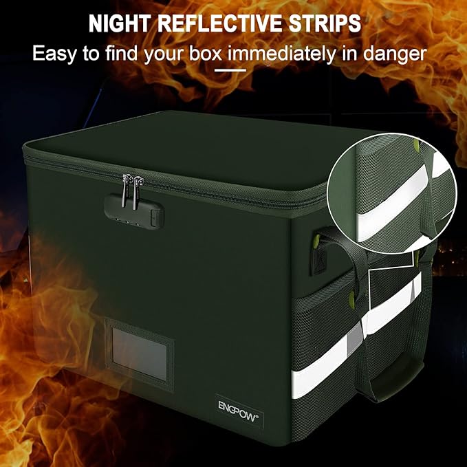 ENGPOW File Box with Lock,Fireproof Document Box with Pockets,Collapsible File Storage Organizer Filing Cabinet with Handle,Portable Home Office Safe for Hanging Letter/Legal Folders,2 Pack(Green)