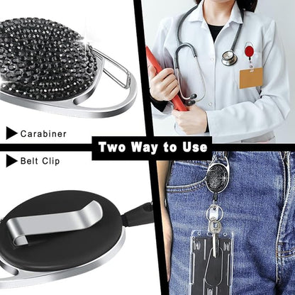 VIQWYIC Retractable ID Badge Holder with Clip, ID Name Badge Reels with Bling Rhinestones Retractable Card Holder for Office Worker Teacher Doctor Nurse (Black)