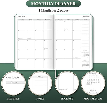 2026 Planner, Weekly and Monthly Planners, Faux Leather Daily Calendar 2026 Planner, 12 Month Agenda from Jan. to Dec., Hardcover Habit Tracker Journal 5.75" x 8.4"(Green)